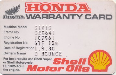 1st Honda Civic warranty, 1980