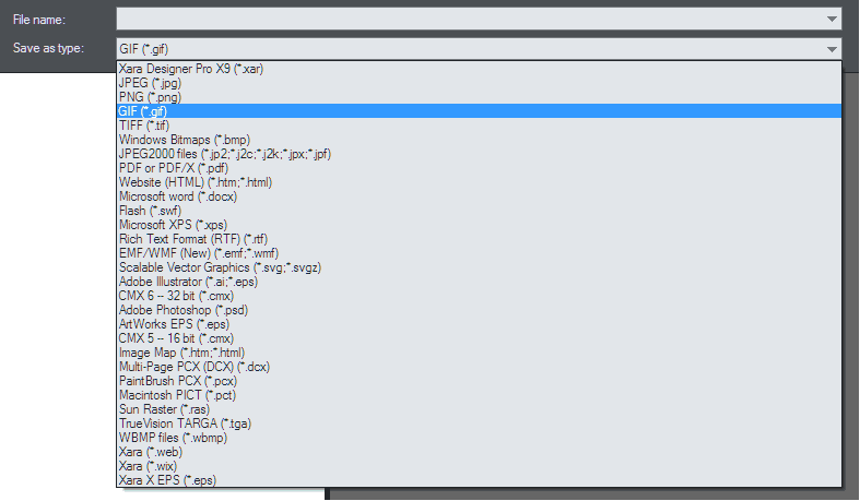 Xara export filetypes